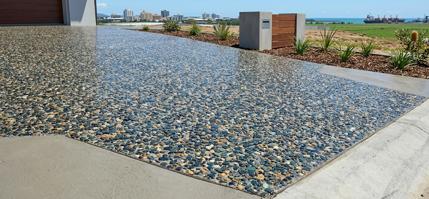 Exposed aggregate driveway finish overlooking Mackay Harbour