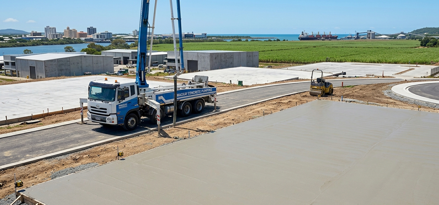 Concrete pump truck on a commercial slab pour in Mackay